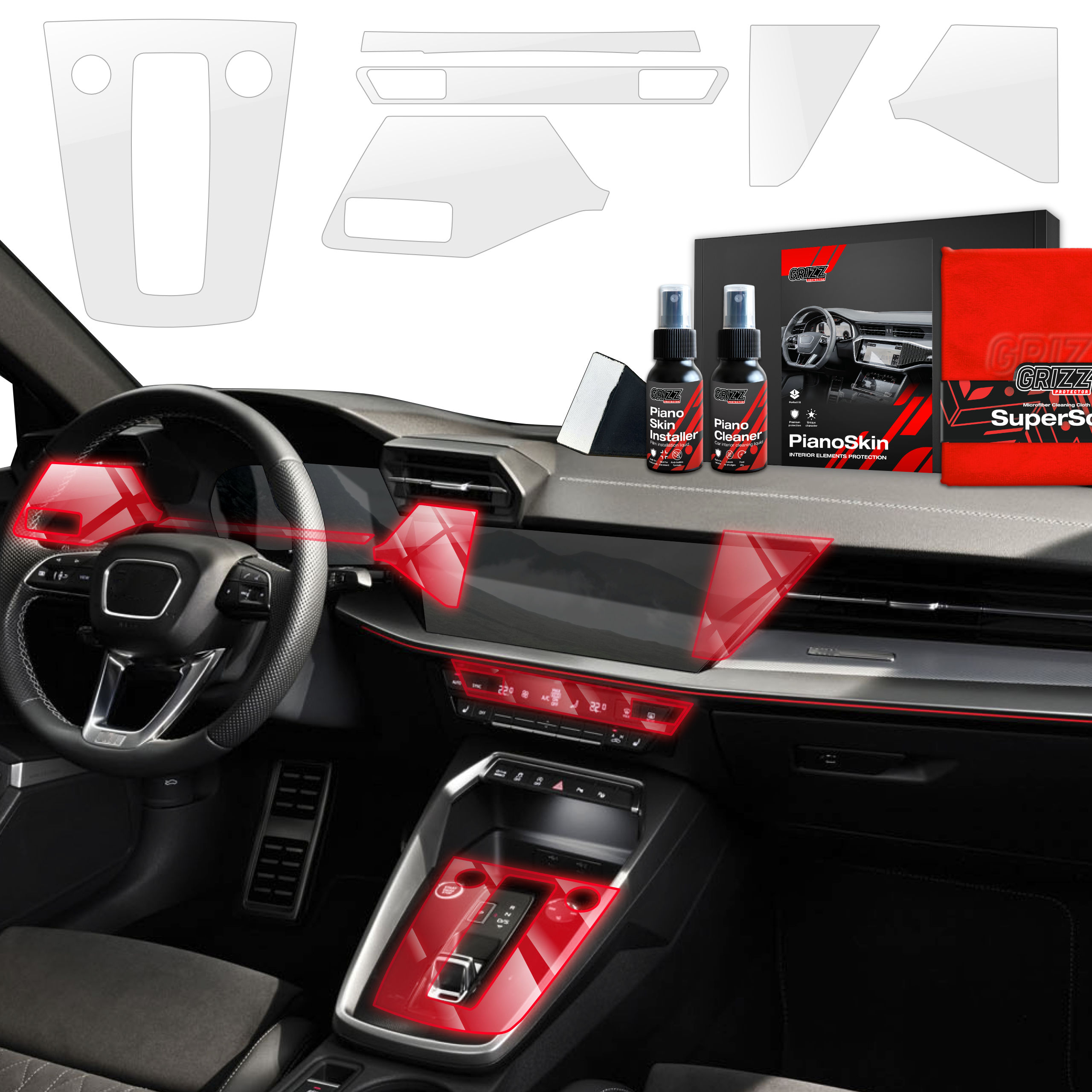 6w1 Grizz folia ochronna do wnętrza Audi A3 8Y (2020-2024) Bezbarwna PianoSkin