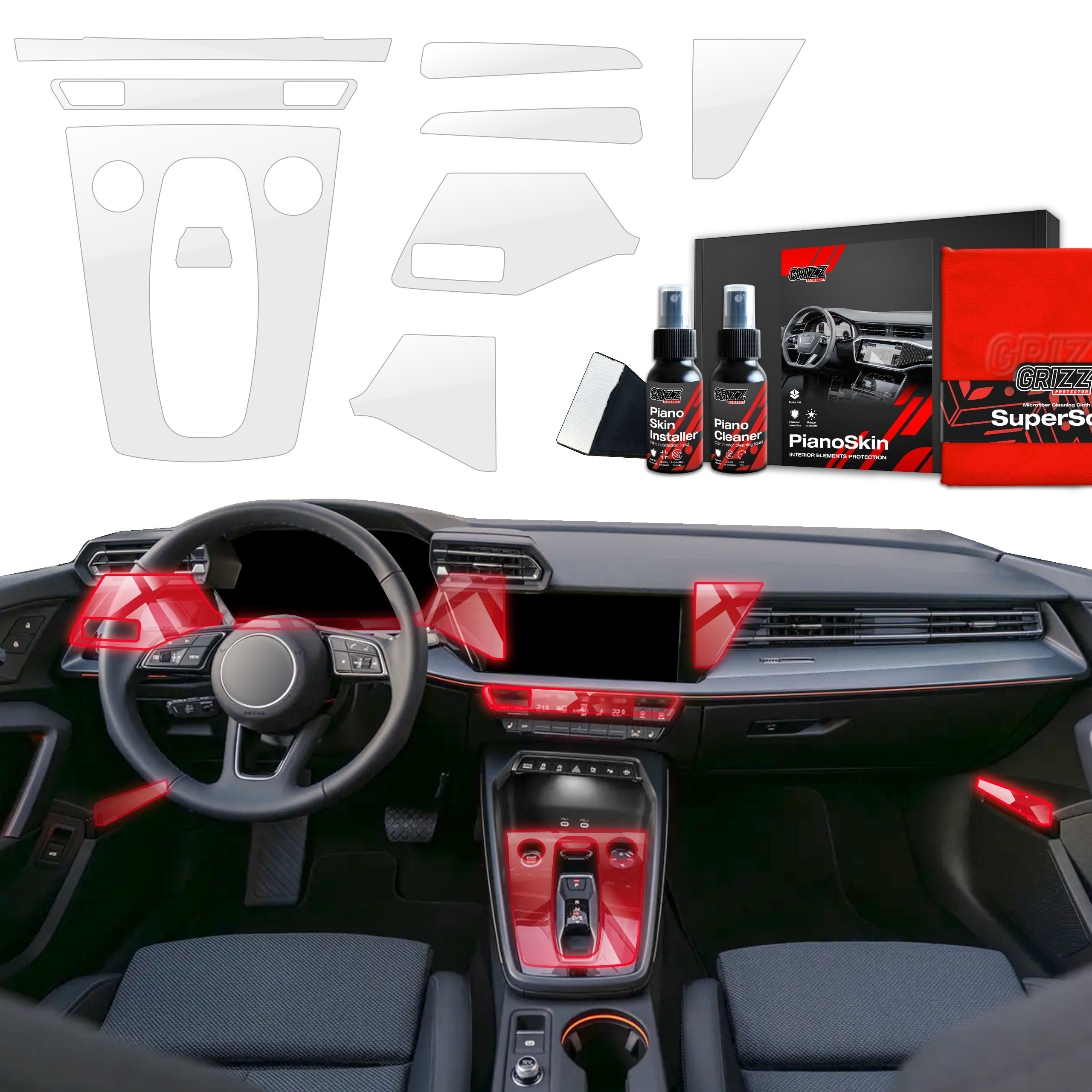 9w1 Grizz folia ochronna do wnętrza Audi A3 8Y Facelift (2024-2026) Bezbarwna PianoSkin