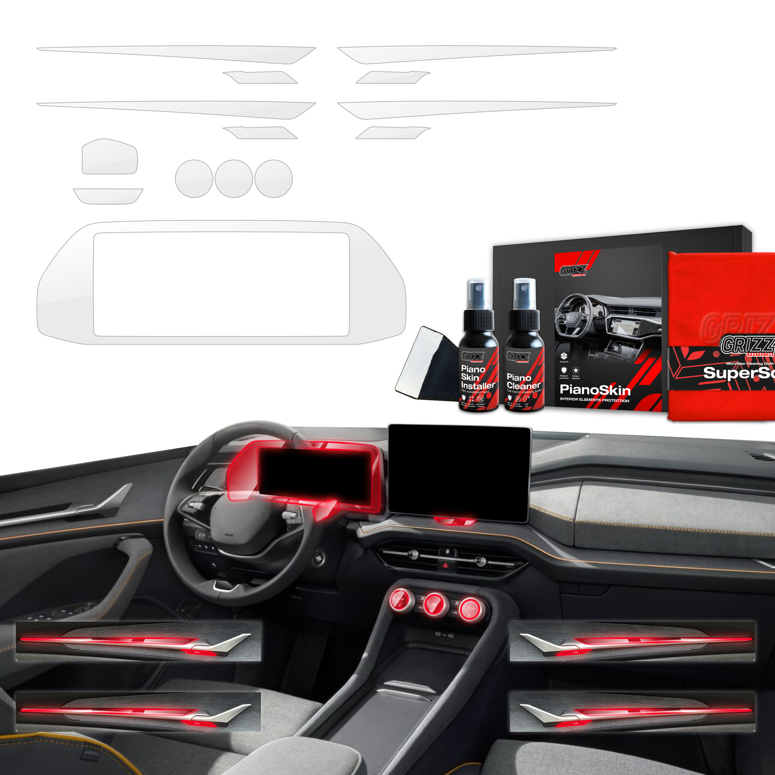 8w1 Grizz folia ochronna do wnętrza Skoda Kodiaq 2 (2024-2026) Bezbarwna PianoSkin