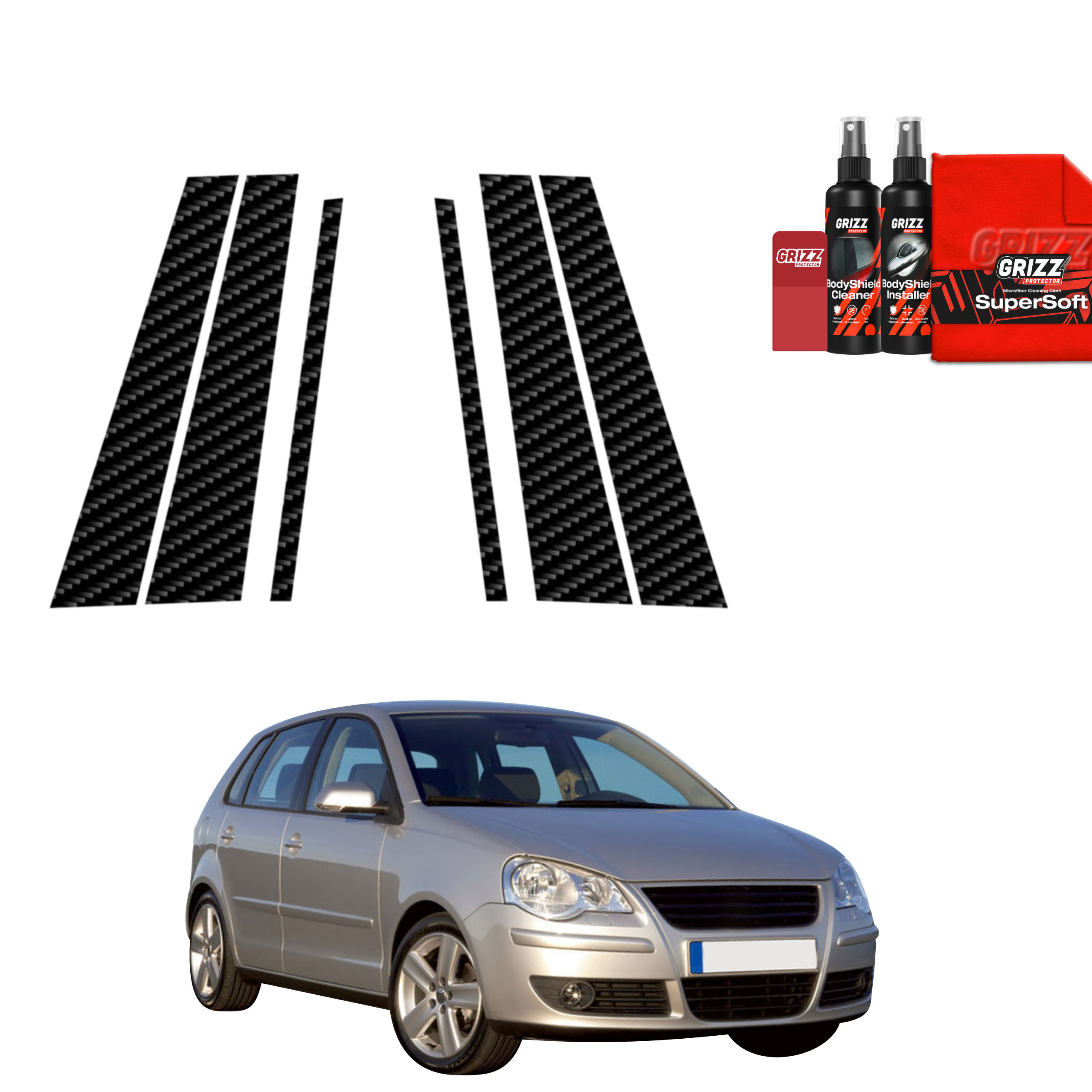 6w1 Folia karbonowa na słupki Grizz do Volkswagen Polo Hatchback 5D (2001-2009)