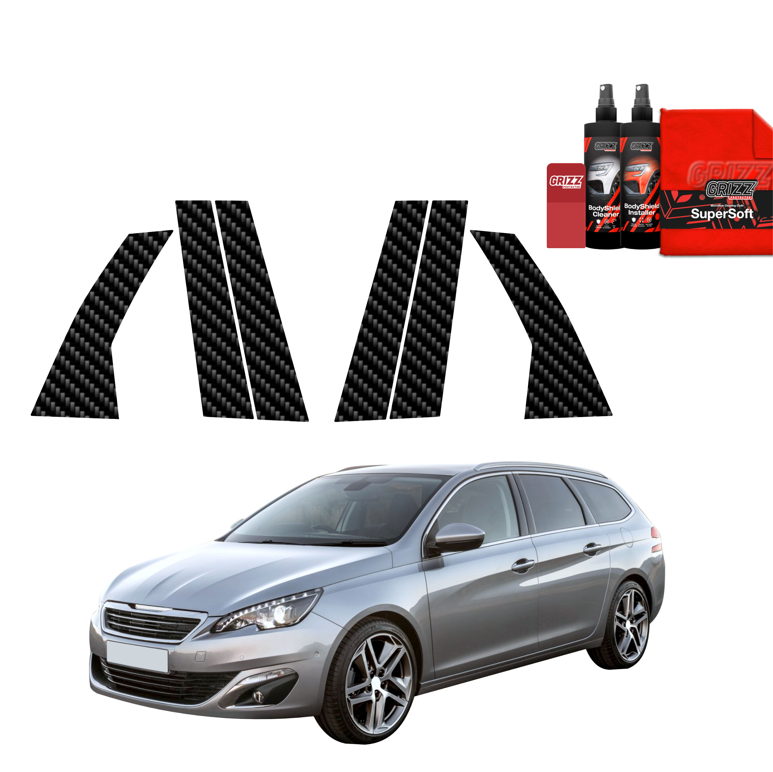 6w1 Folia karbonowa na słupki do Peugeot 308 Kombi (2013-2021)