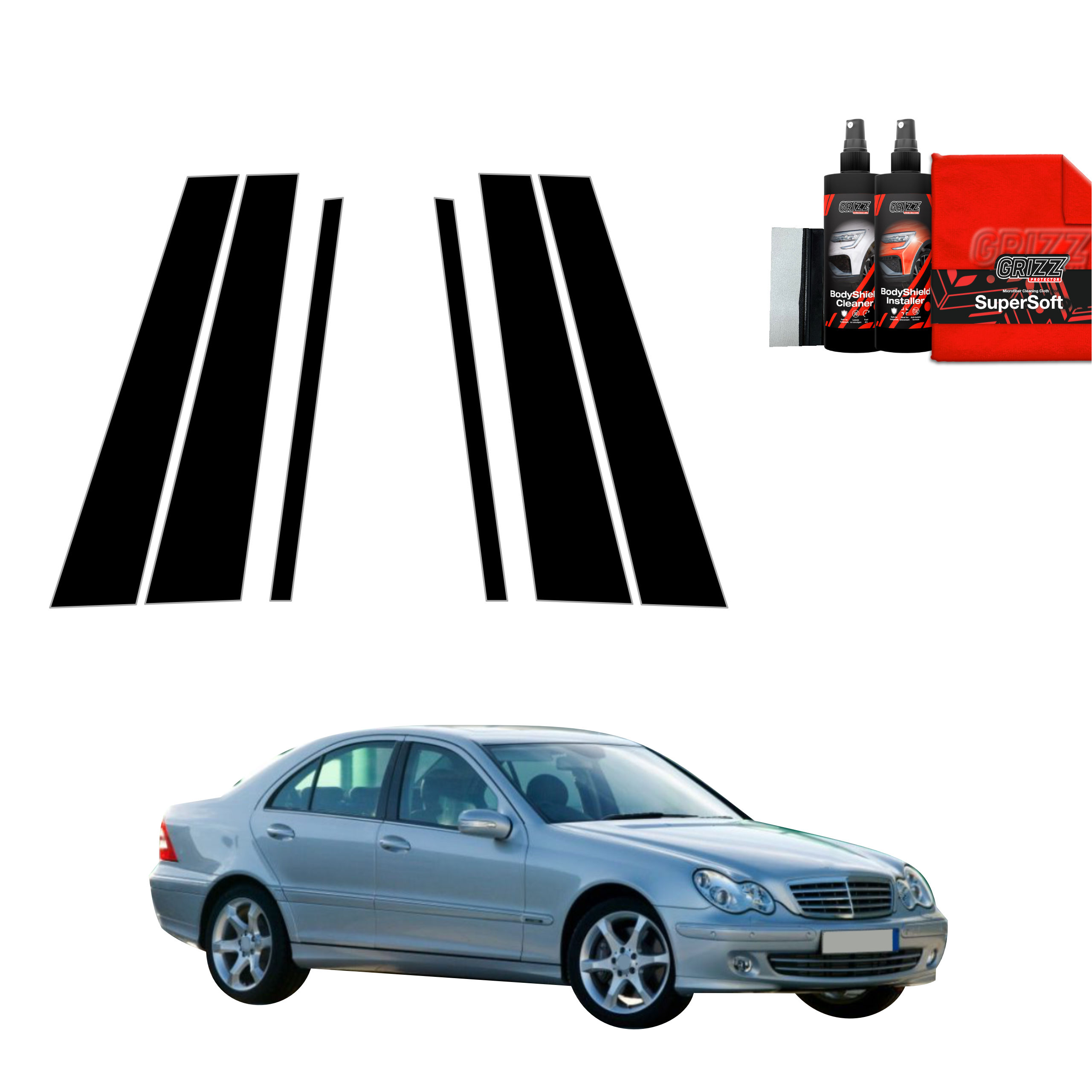 6w1 Czarna folia na słupki do Mercedes Benz C Klasa W203 Sedan (2000-2007)