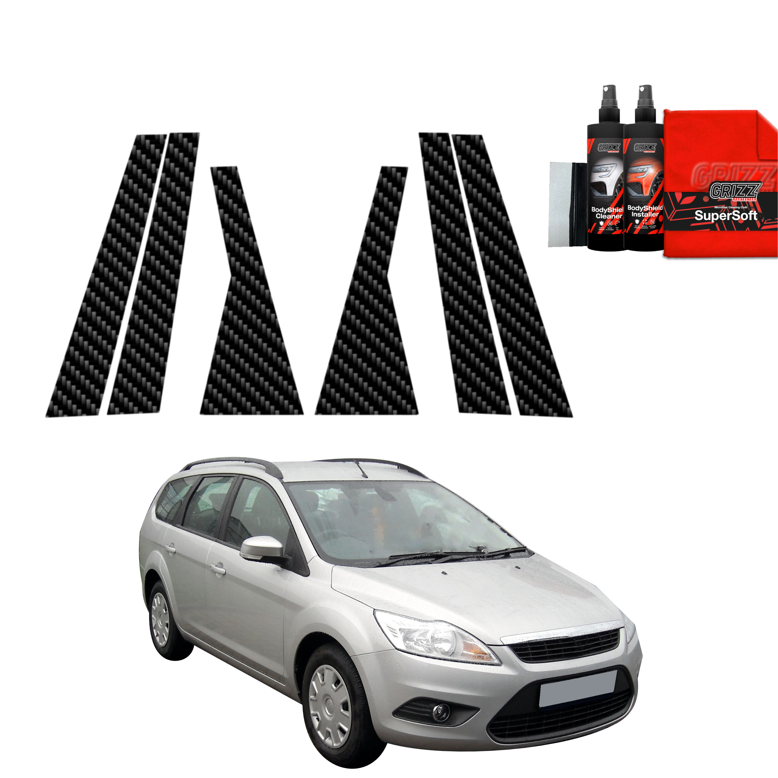 6w1 Folia karbonowa na słupki do Ford Focus Mk2 Kombi Facelifting (2007-2011)